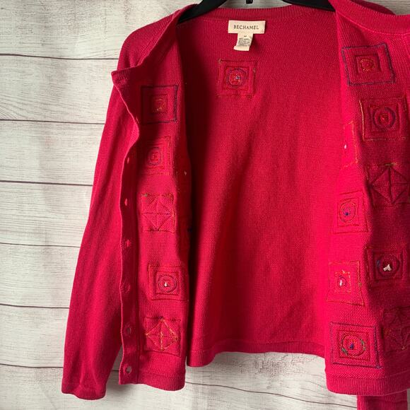 Bechamel Pink Knit Cardigan Sweater Colorful Geometric Squares Button Up Medium - Picture 13 of 16
